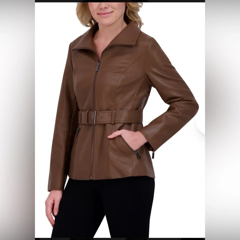 NWT Kenneth Cole Woman’s Brown Faux Leather Jacket with Belt Size XXL